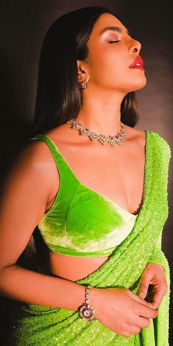 Priyanka Chopra Jonas in Neon Green Shimmery Saree 