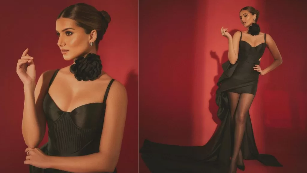 Tara Sutaria Shines in a Black Corset Top and Draped Skirt: Graceful Style with Captivating Charm