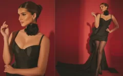Tara Sutaria Shines in a Black Corset Top and Draped Skirt: Graceful Style with Captivating Charm