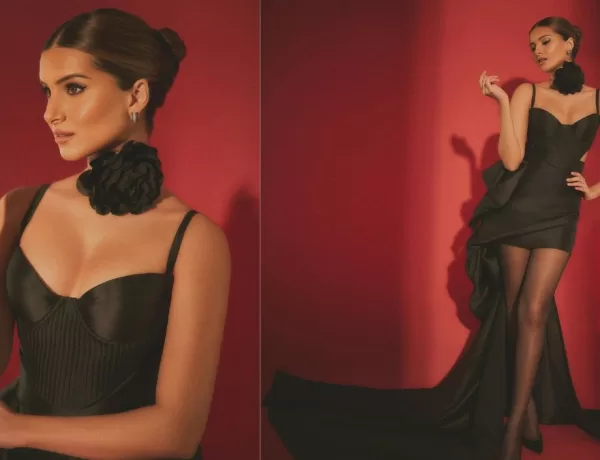 Tara Sutaria Shines in a Black Corset Top and Draped Skirt: Graceful Style with Captivating Charm