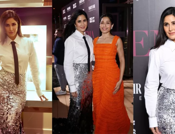 Katrina Kaif's Mesmerizing Fusion Elegance: Silver Sequins and White Shirt Redefine Red Carpet Glamour!