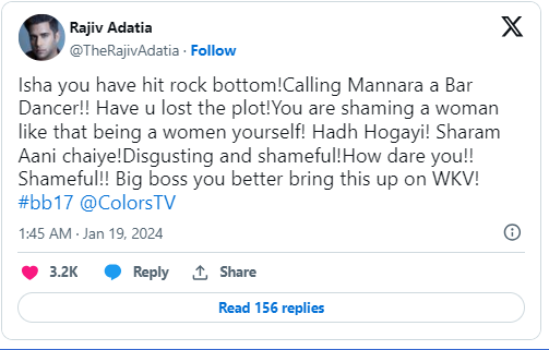 Rajiv Adatia reacts on isha malviya's derogatory comment on mannara chopra as bar dancer in <yoastmark class=