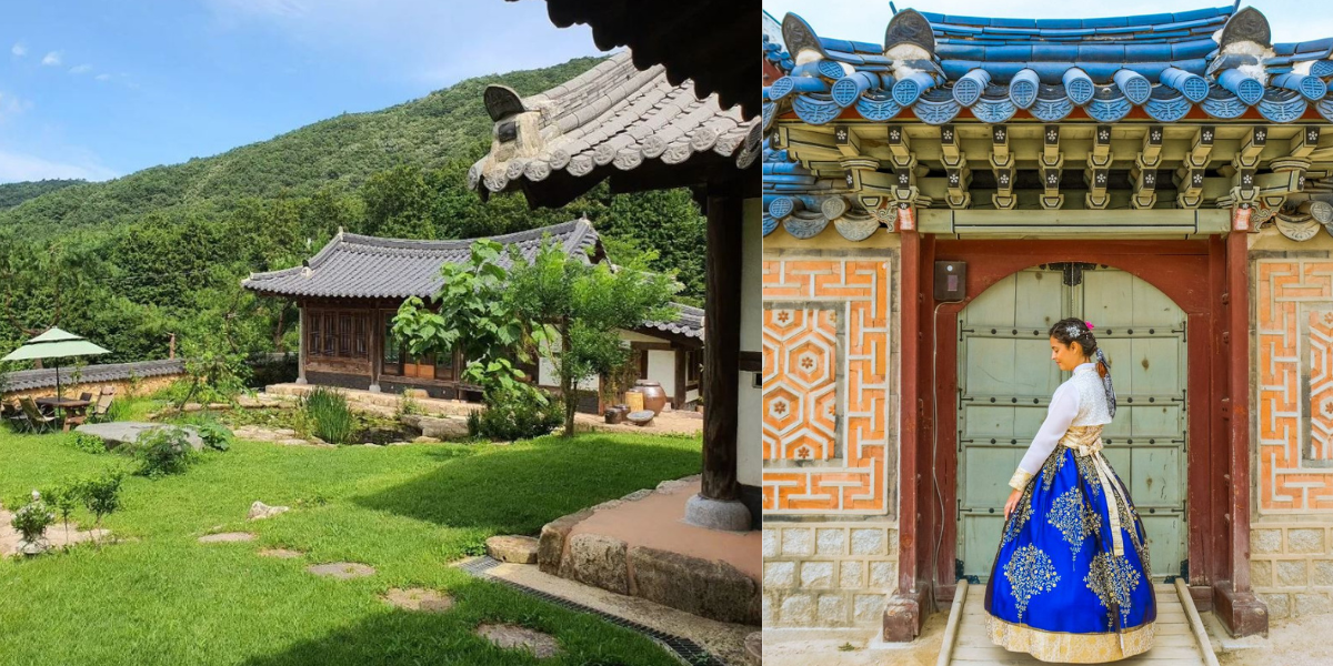 lady in hanbok attire and hanok house 