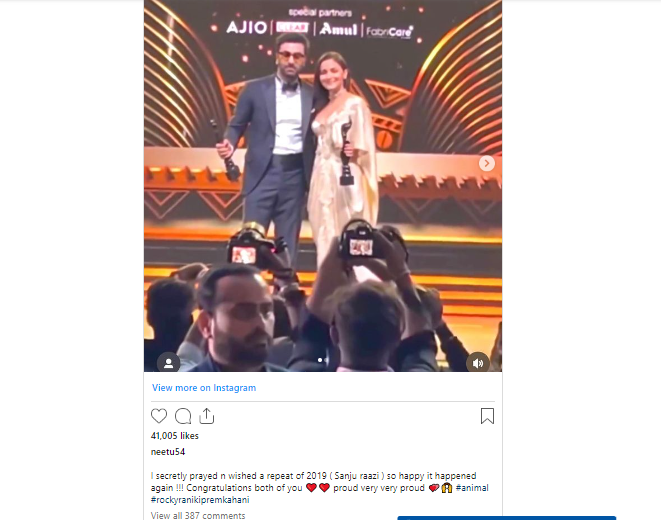 Neetu kapoor cheers for Alia and Ranbir in a heartfelt instagram post