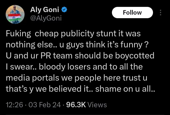 Aly Goni's tweet 