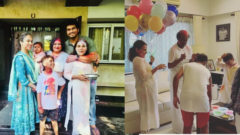 Superstar Rajinikanth having fun with his kids and grandchildren during Holi