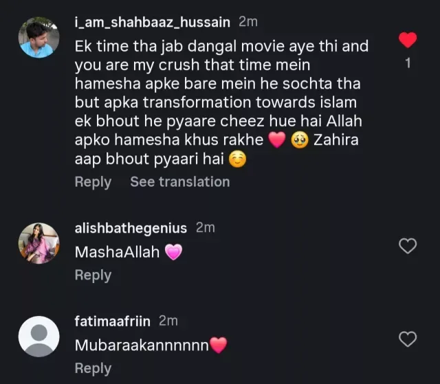 Netizens comments on Zaira Wasim's post